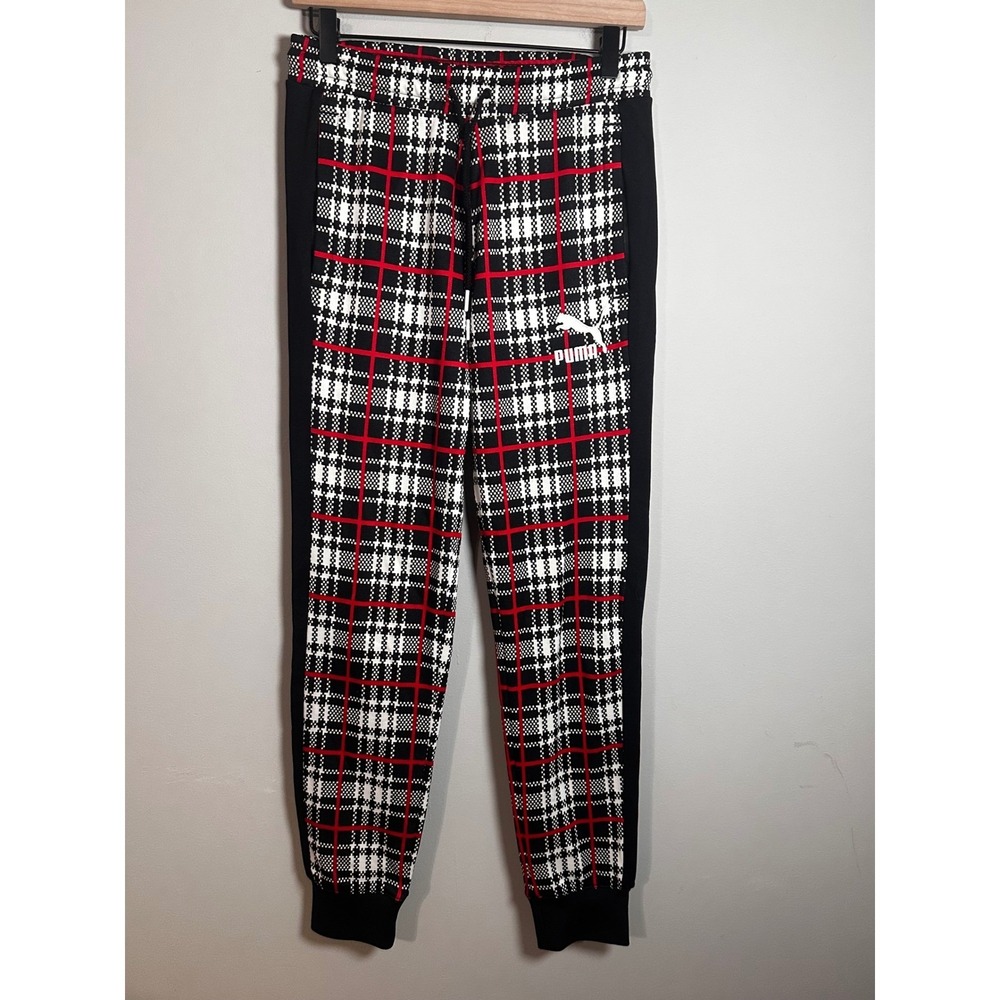 Puma Mens T7 Plaid Track Pants Black White Red‎ Tartan Joggers Slim Fit Small